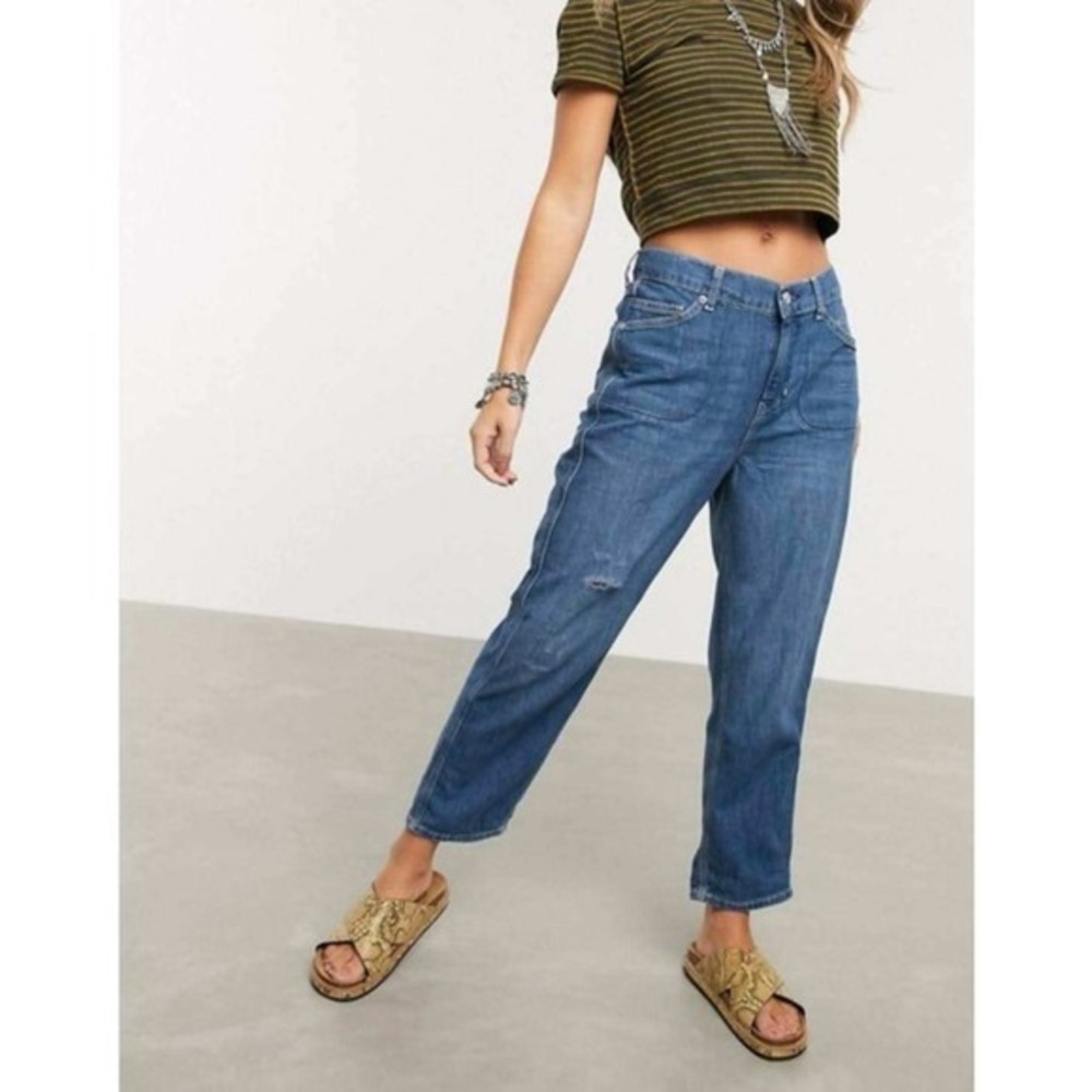 Free People Baby Barrel Jeans Women Small Blueβ Relaxed Elastic Waist Denim
